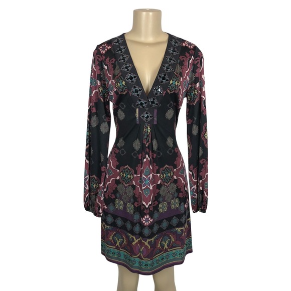 Hale Bob Dresses & Skirts - Hale Bob Beaded V-Neck Multicolor Paisley Print Mini Dress Size S Y2K Boho